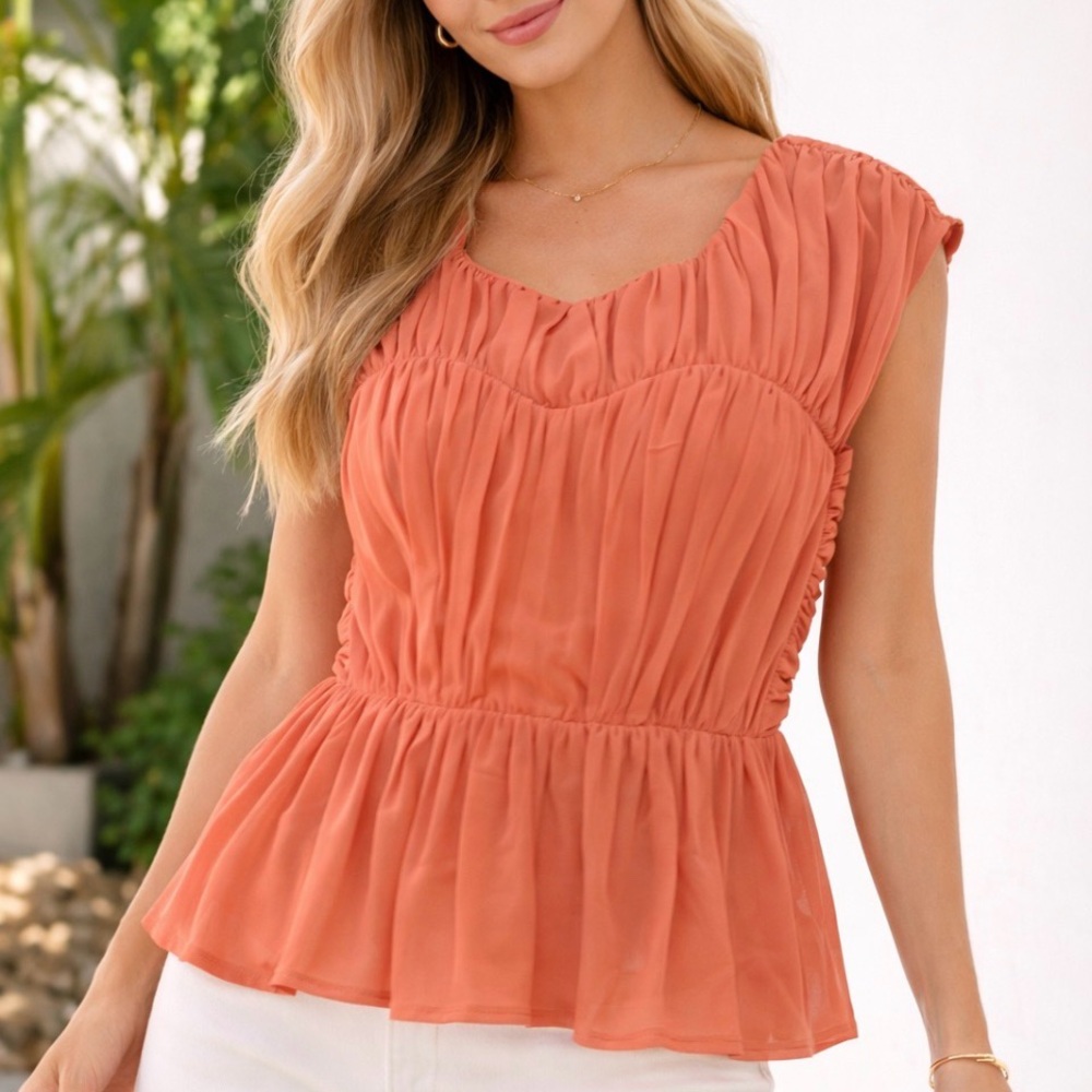 EXPRESS Terracotta Ruched Peplum Top - Size M - Sweetheart Neckline